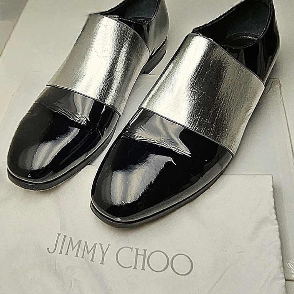 JIMMY CHOO sz 40 Men's Black Silver Stripe Classic Leather Shiny Dress Shoes
